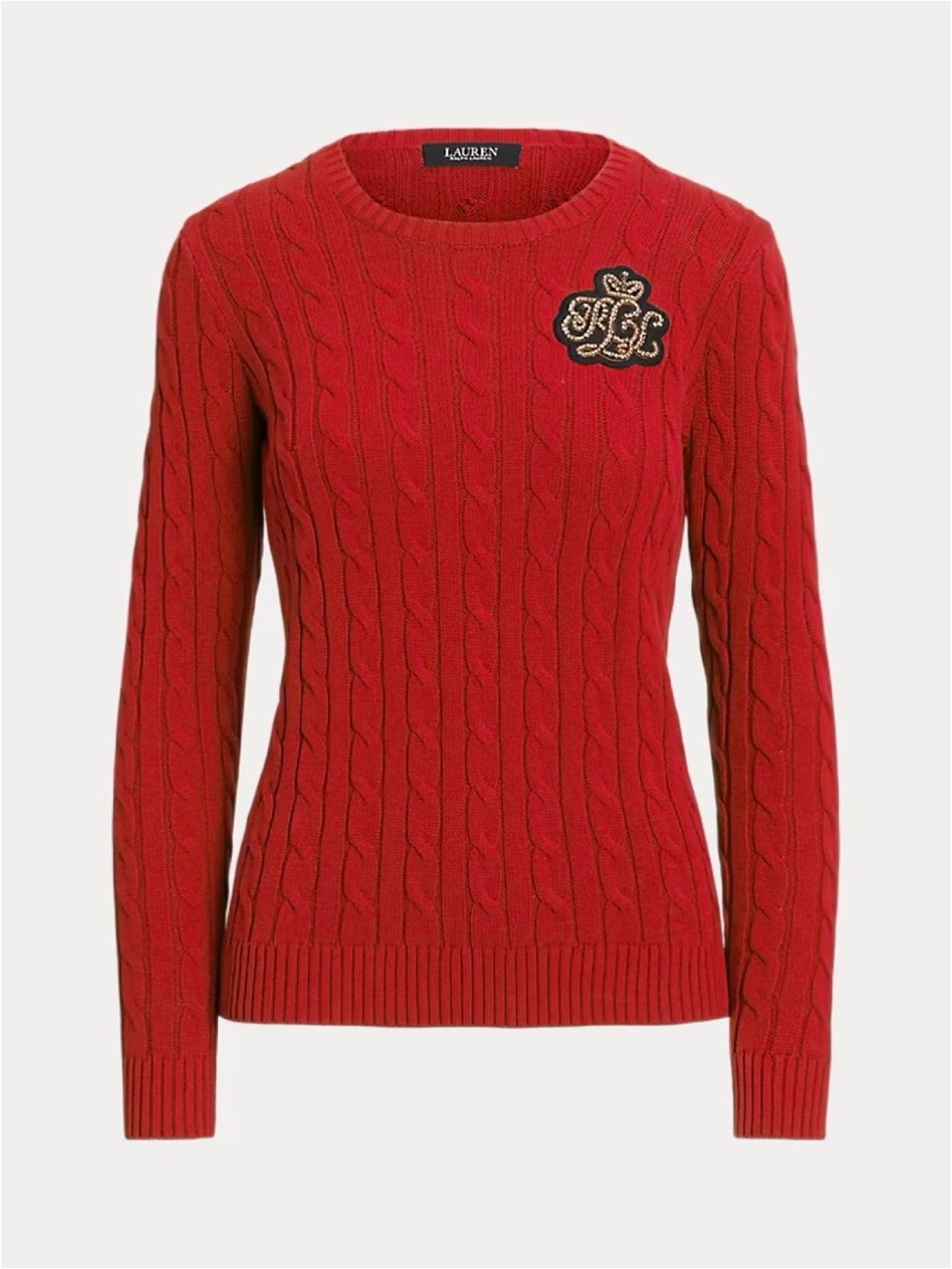 Lauren Ralph Lauren “Bullion Cable-Knit” red LRL patch sweater (medium petite)